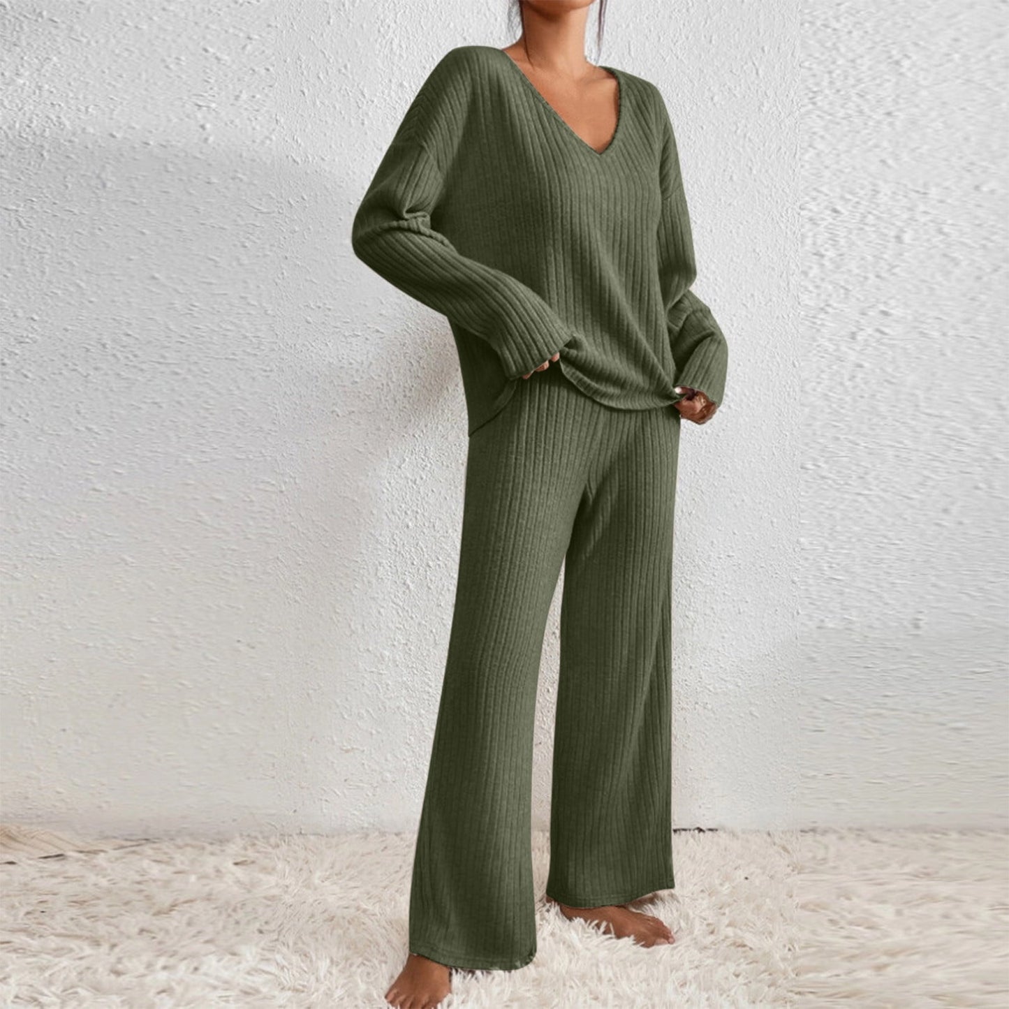 Ribbed Lounge Sets for Women 2 Piece Solid Color Ribbed Knit V Neck Long Sleeve Shirts and Wide Leg Long Pants Casual Travel Pajamas Lounge Set Loungewear Summer Outfits