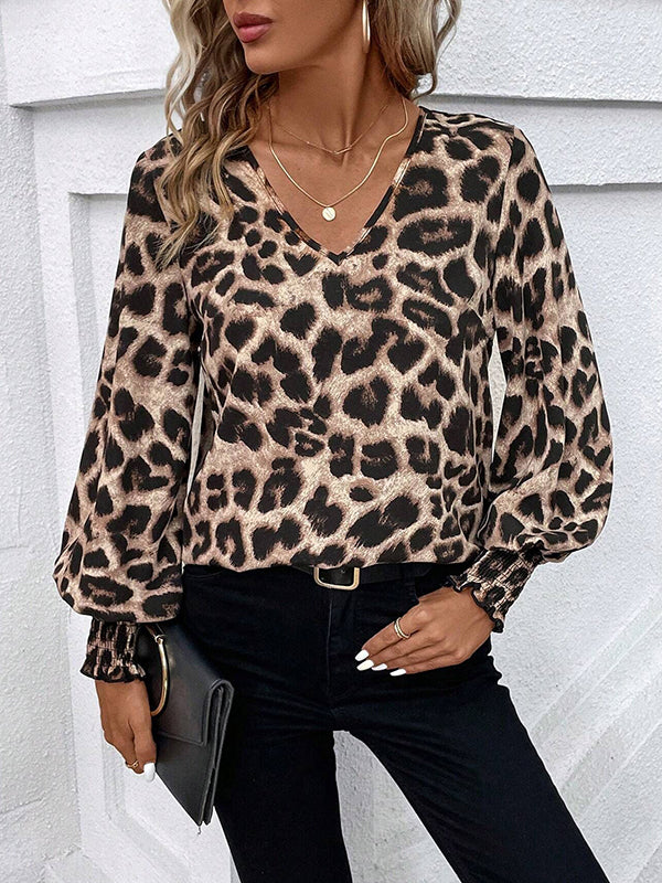 Long Sleeves Loose Elasticity Leopard V-Neck Blouses&Shirts Tops