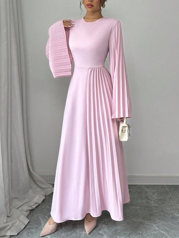 Flared Sleeves Long Sleeves Pleated Solid Color Round-Neck Maxi Dresses
