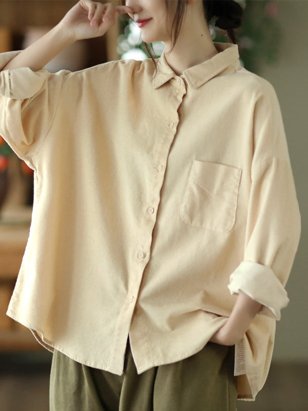 Simple Solid Color Long Sleeve Corduroy Shirt