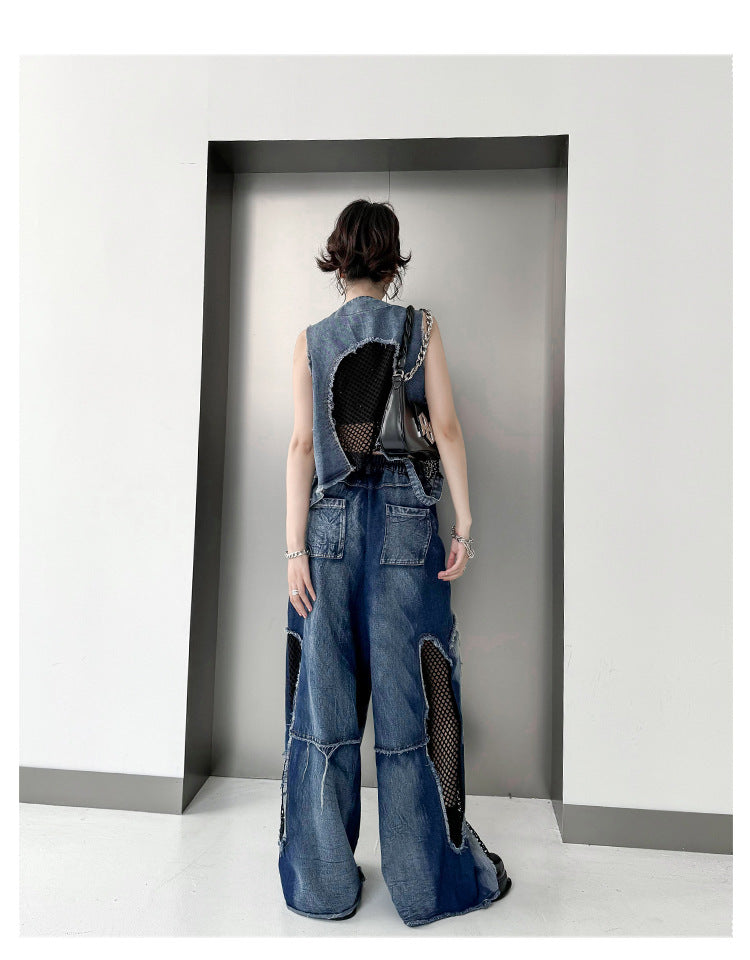 Vintage Mesh Splicing Denim Vest