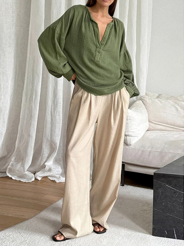 Loose Puff Sleeves Pleated Solid Color Split-Joint V-Neck Blouses&Shirts Tops