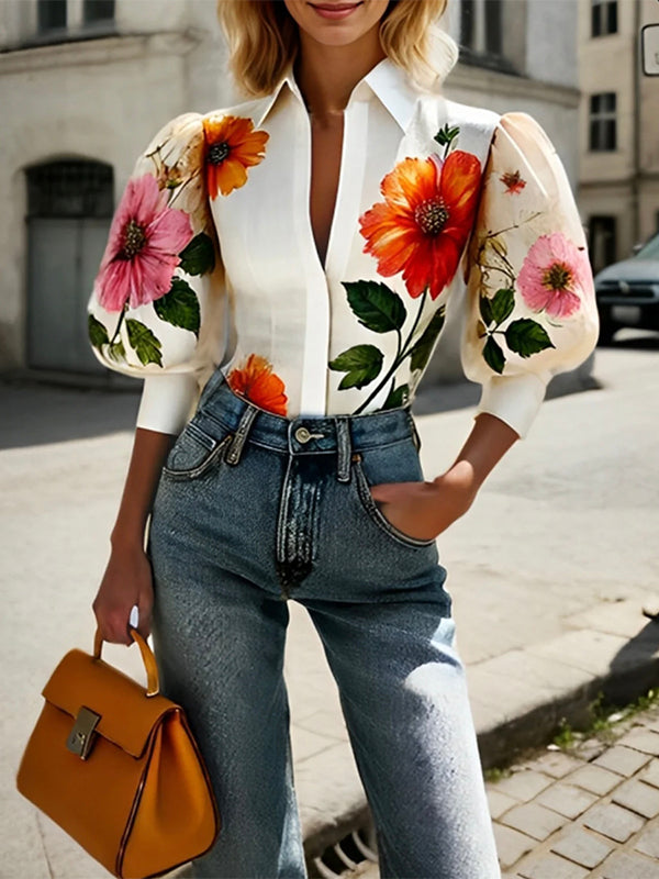 Puff Sleeves Asymmetric Floral Printed Split-Joint Lapel Blouses&Shirts Tops