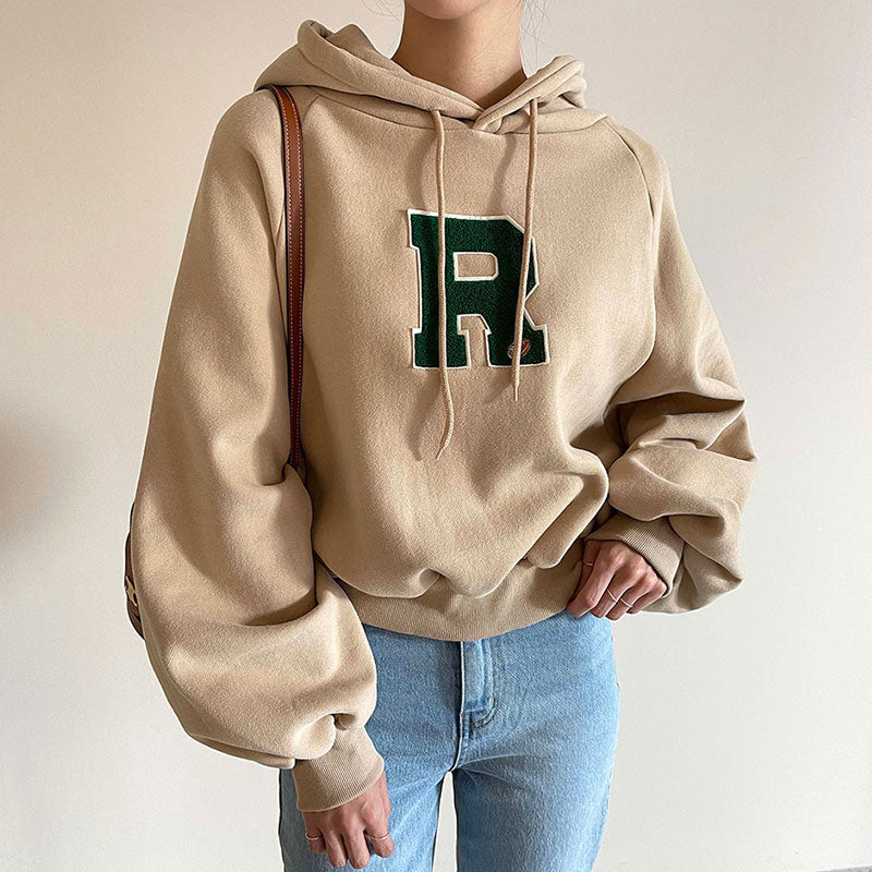 Versatile Embroidered Hooded Long Sleeve Sweatshirt