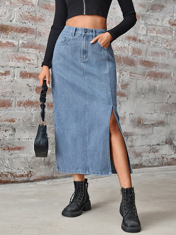 A-Line High Waisted Elasticity Pockets Split-Side Skirts Bottoms