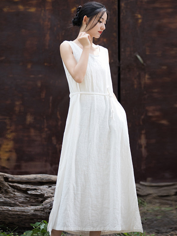 Simple Ramie Sleeveless Lace-up Midi Dress