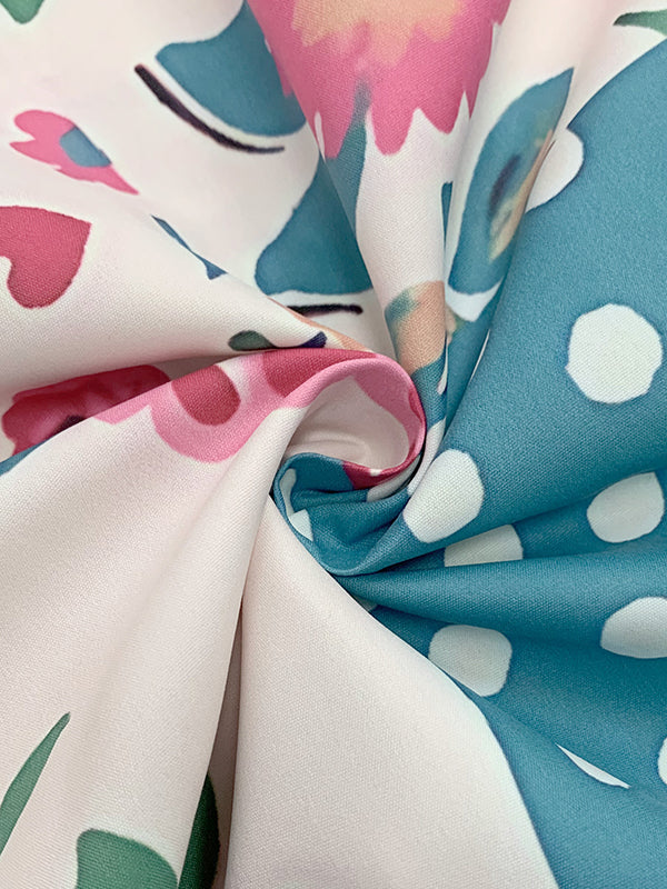 Half Sleeves Loose Flower Print Polka-Dot Round-Neck Midi Dresses