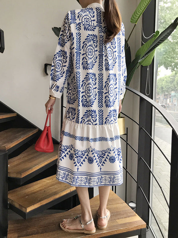 Long Sleeves Loose Leaves Print Printed Stand Collar Midi Dresses