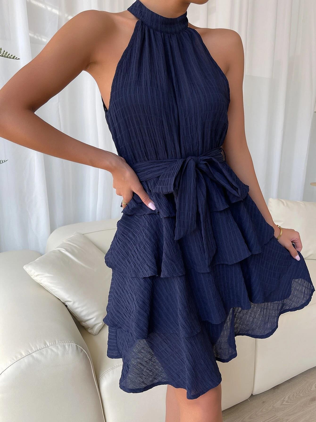 Elegant Hanging Neck Sleeveless Mini Dress