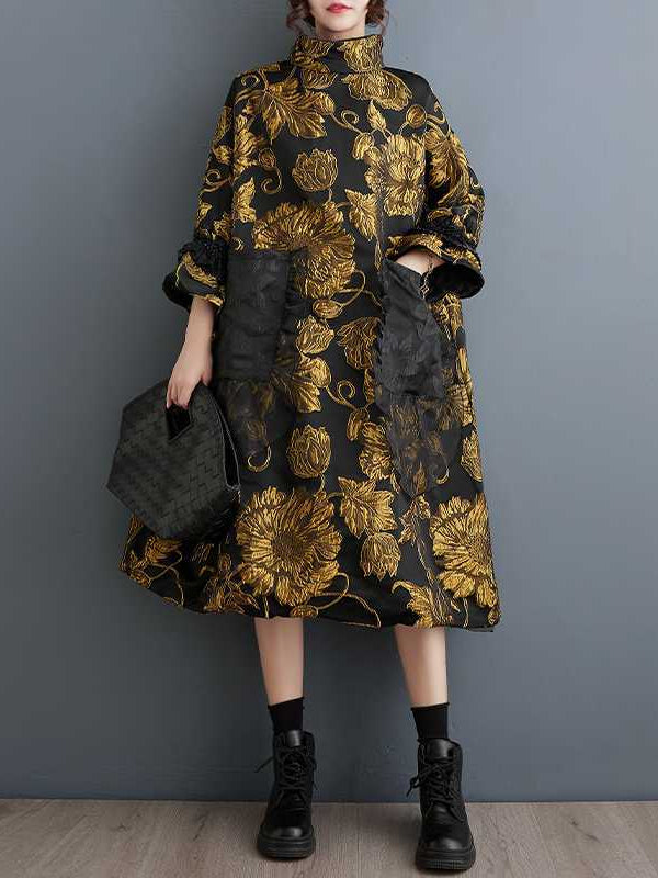 Elegant Jacquard Long Sleeve Midi Dress