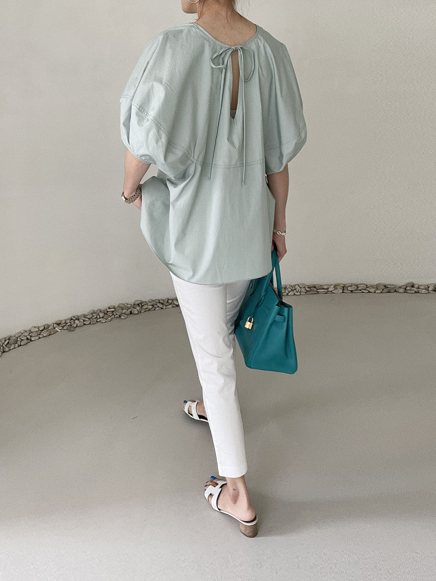 Elegant Round Neck Solid Color Loose Lantern Sleeve Shirt