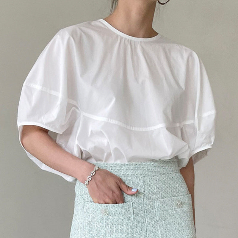 Elegant Round Neck Solid Color Loose Lantern Sleeve Shirt