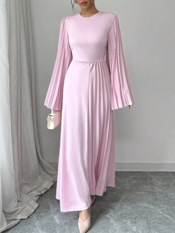 Flared Sleeves Long Sleeves Pleated Solid Color Round-Neck Maxi Dresses