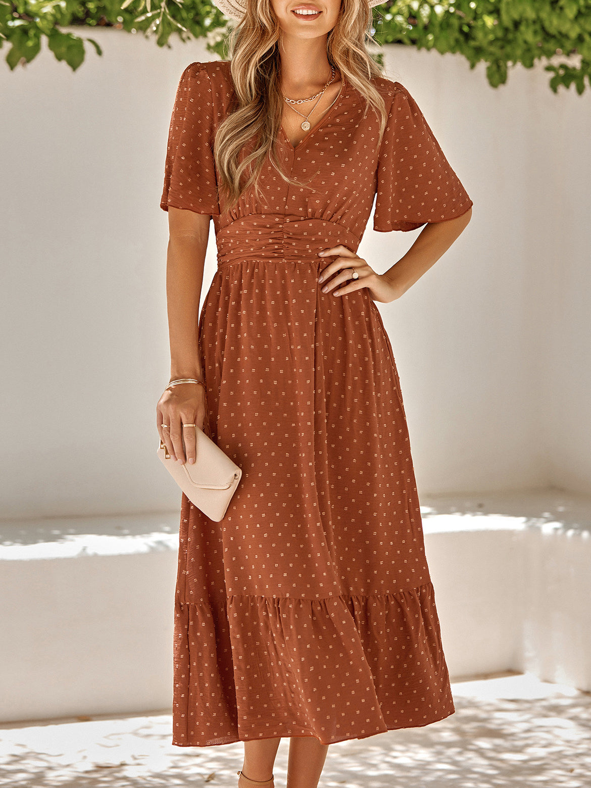V Neck Ruffle Sleeve Solid Color Maxi Dress