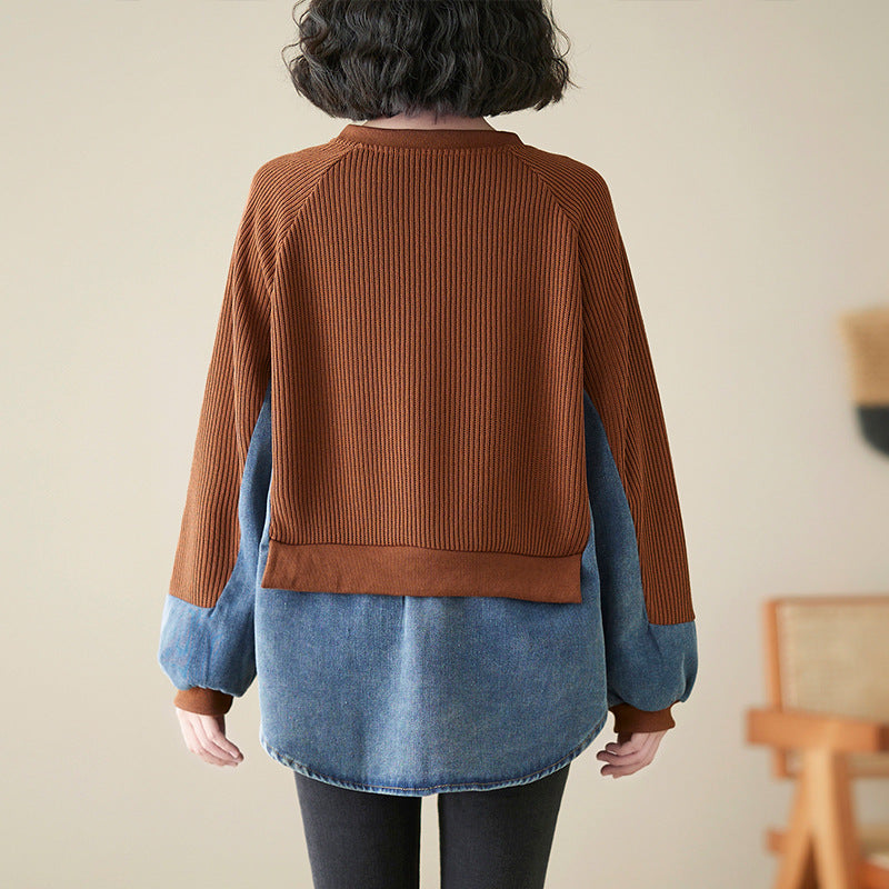 Loose Splicing Round Neck Long Sleeve Fake Two Pieces Sweater