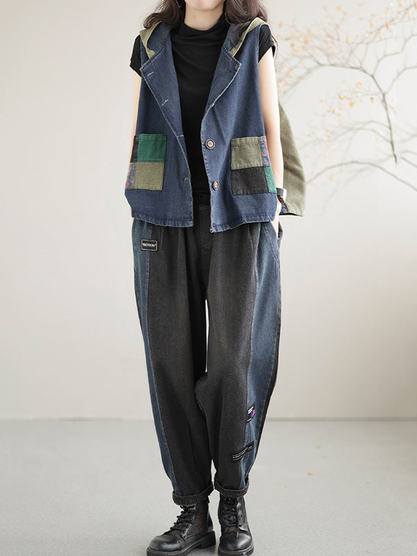 Artistic Retro Loose Denim Sleeveless Buttoned Contrast Color Hooded Vest Outerwear