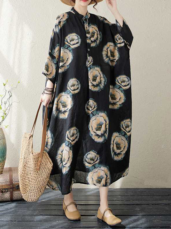 Loose Three-quarter Sleeves Buttoned Flower Print Stand Collar Midi Dresses