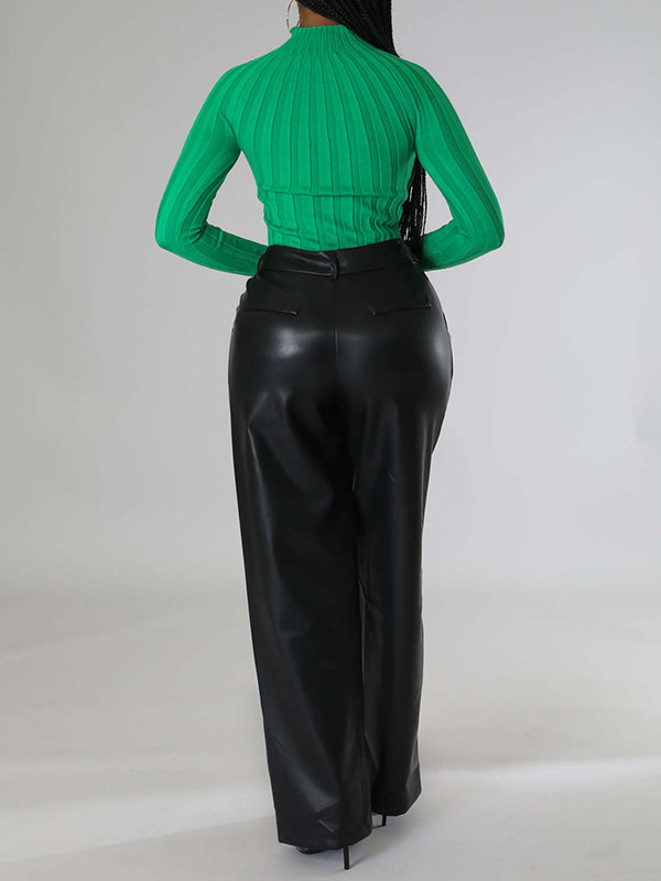 High Waisted Loose Pleated Solid Color Split-Joint Pants Trousers
