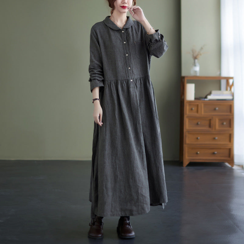 Retro Solid Color Long Sleeve Maxi Dress