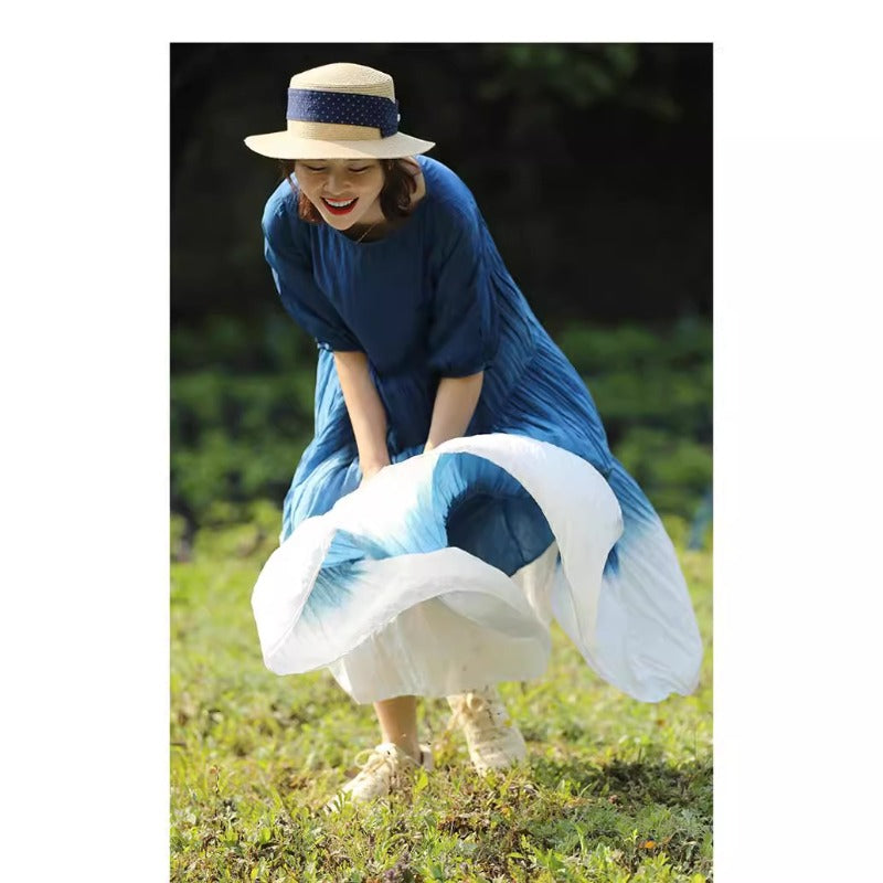 Literary Vintage Tie-Dye Gradual Loose Light Mulberry Silk Midi Dress