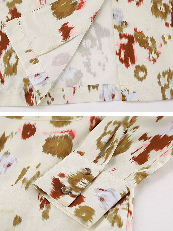 Long Sleeves Lace-Up Printed Lapel Blouse + High Waisted Elasticity Pants Two Pieces Set