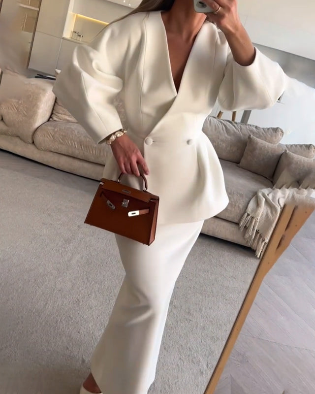 Fashion Solid Color V-Neck Top & Skirt Two-Piece Set