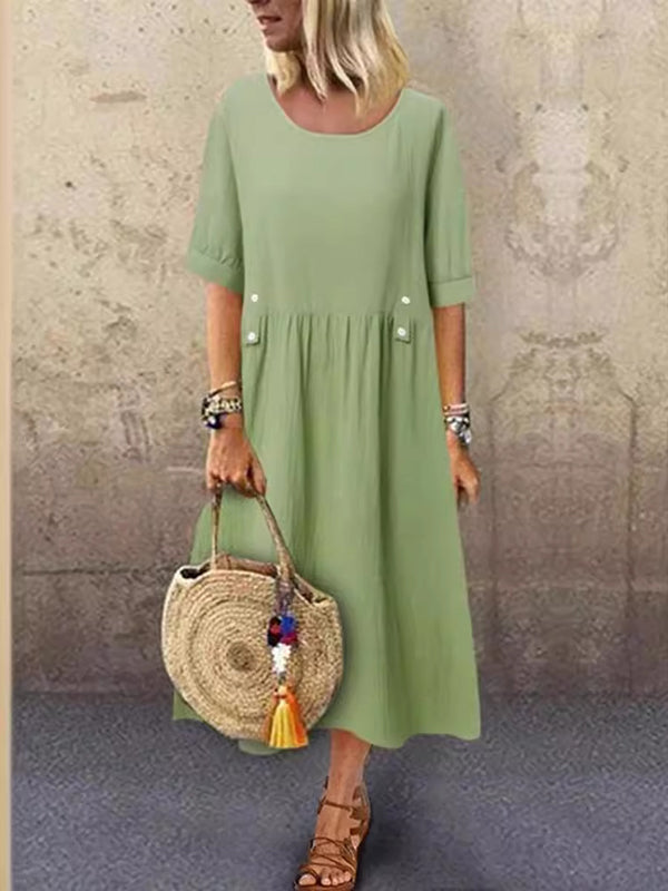 A-Line Loose Buttoned Pleated Round-Neck Midi Dresses