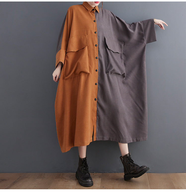 Loose Color Blocking Long Sleeve Midi Dress