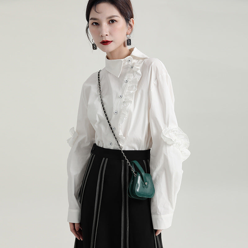Special Asymmetric Collar Solid Color Long Sleeve Shirt