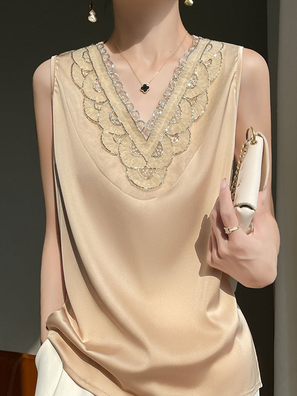 Loose Plus Size Beaded Split-Joint V-Neck Vest Top