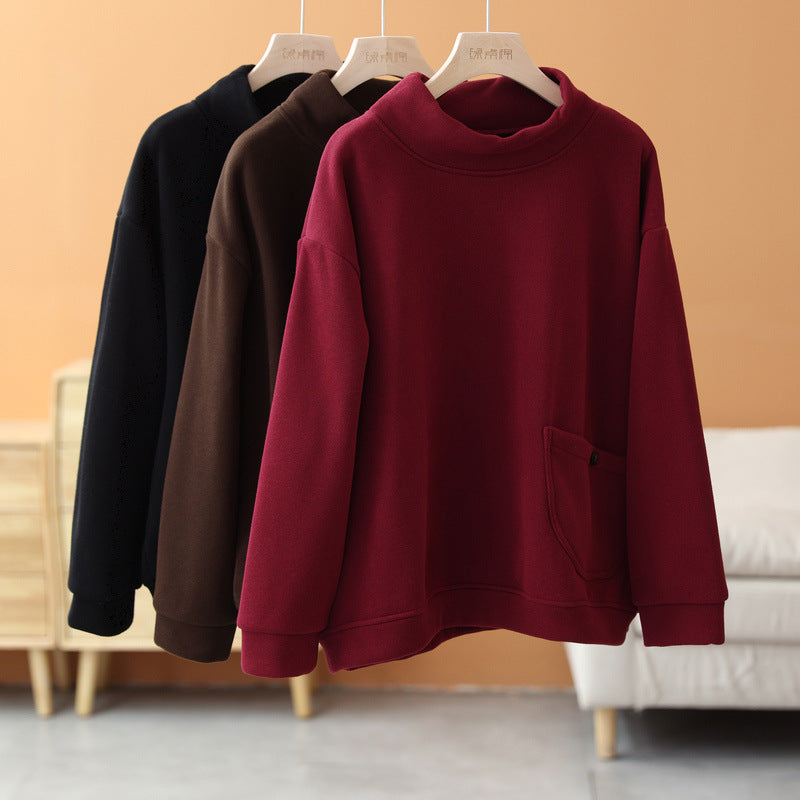 Casual Solid Color High Collar Velvet Sweatshirt