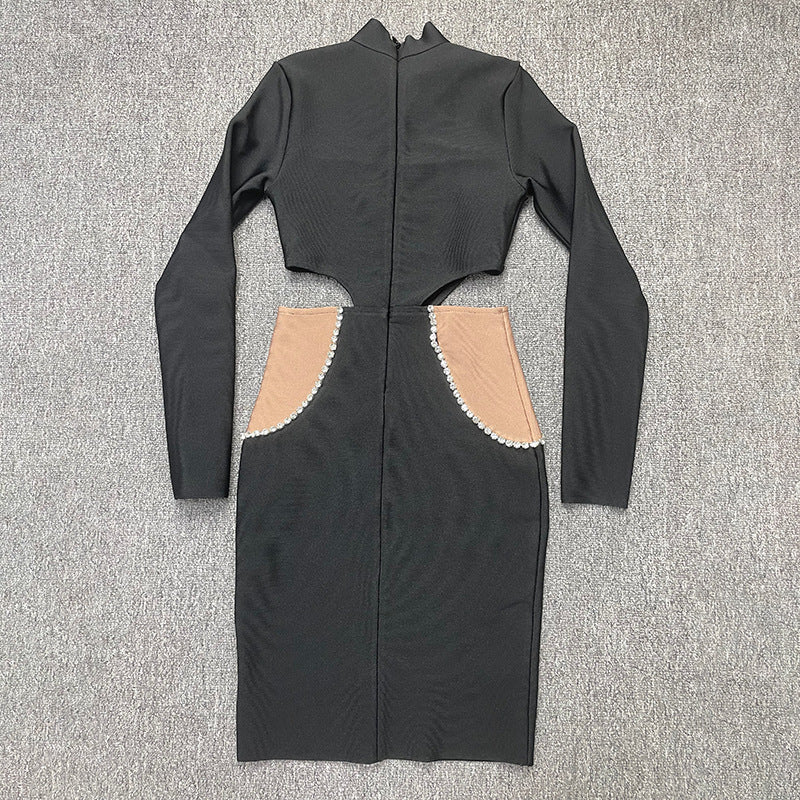 Bandage women's round neck long sleeve sexy cutout diamond color matching tight bandage one-piece dress evening dress