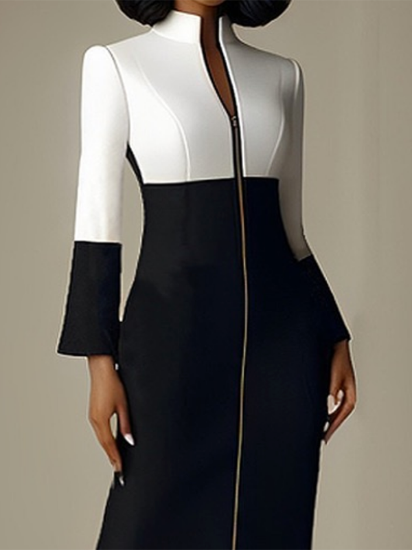 Long Sleeves Contrast Color Split-Joint Zipper Stand Collar Midi Dresses