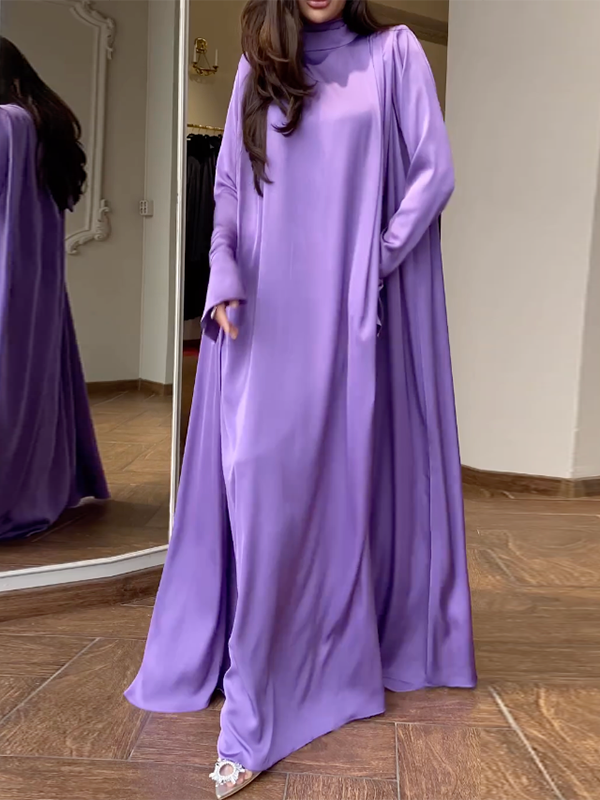Flared Sleeves Long Sleeves Solid Color High-Neck Maxi Dresses