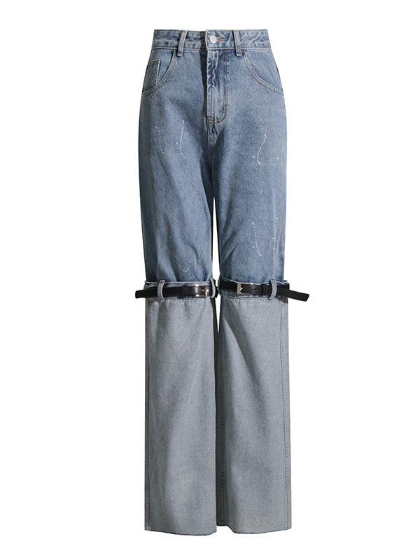 High Waisted Loose Belt Buckle Split-Joint Jean Pants Bottoms