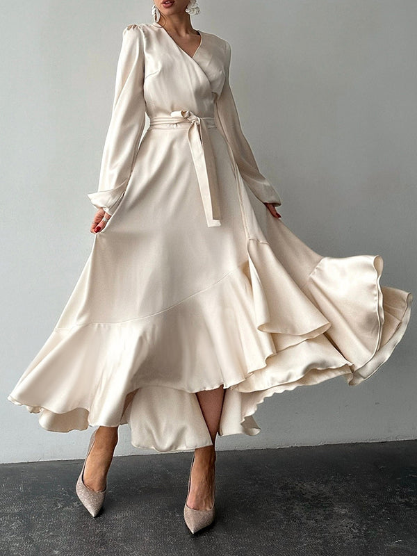 Loose Puff Sleeves Asymmetric Pleated Solid Color Split-Joint Tied Waist V-Neck Maxi Dresses Shirt Dress
