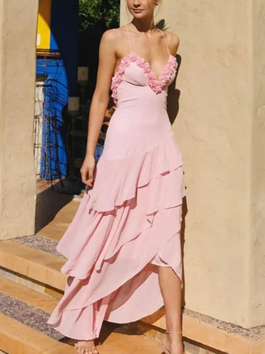 V-neck open back floral embellished party dress