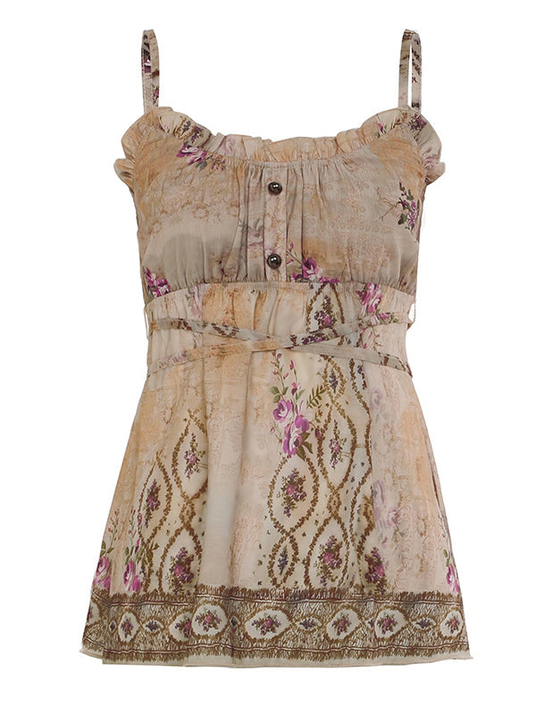 Loose Sleeveless Buttoned Contrast Color Flower Print Tied Spaghetti-Neck Vest Top