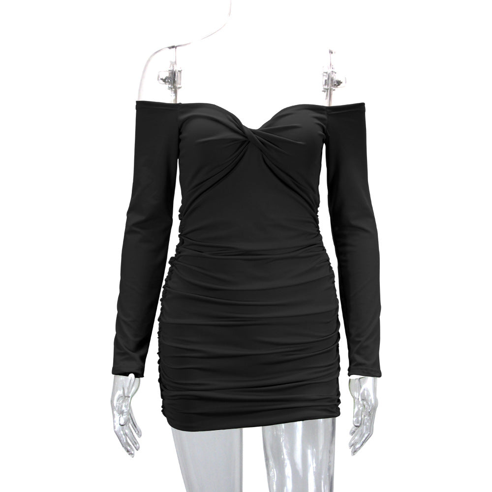 Women's clothing European and American sexy pleated off-neck long sleeve ladies dress