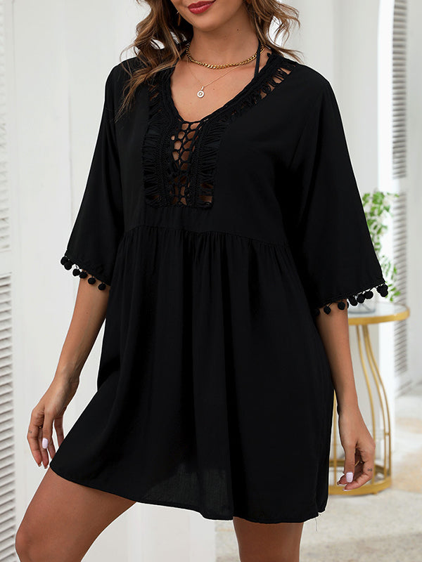 Half Sleeves Loose Hollow Solid Color Tasseled V-Neck Cover-Up Mini Dresses