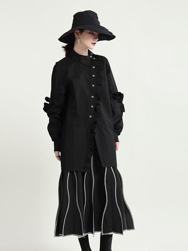 Special Asymmetric Collar Solid Color Long Sleeve Shirt