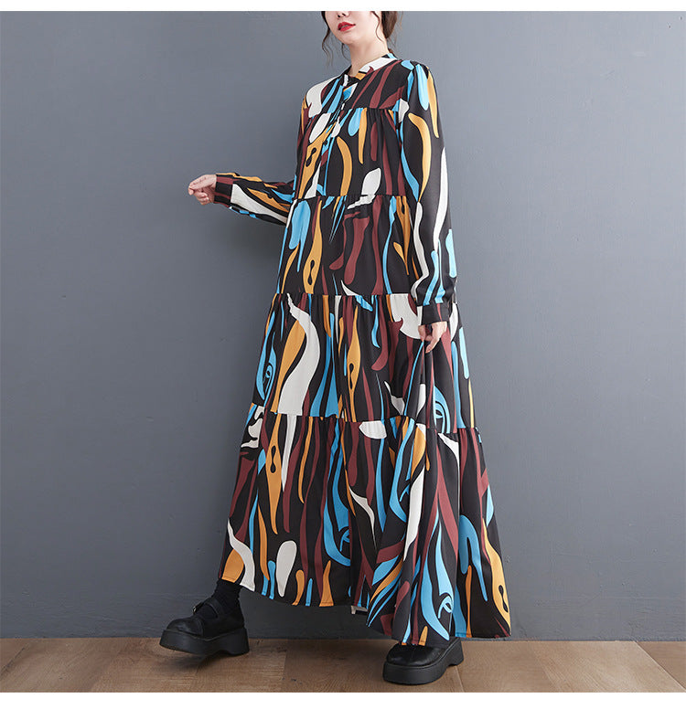 Loose Print Pleated Round Neck Midi Dress