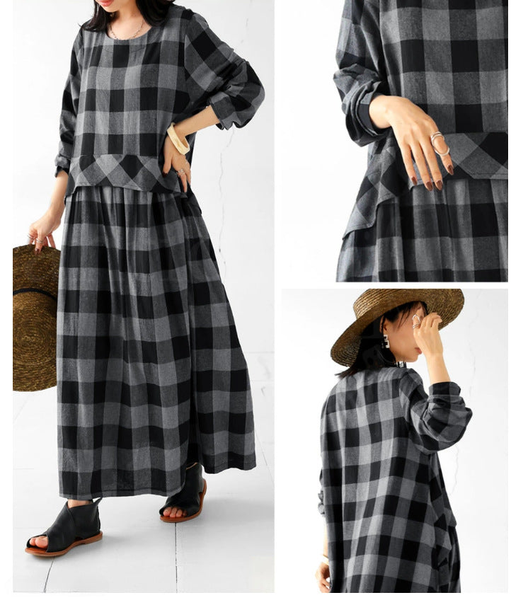 Vintage Plaid Long Sleeve Maxi Dress
