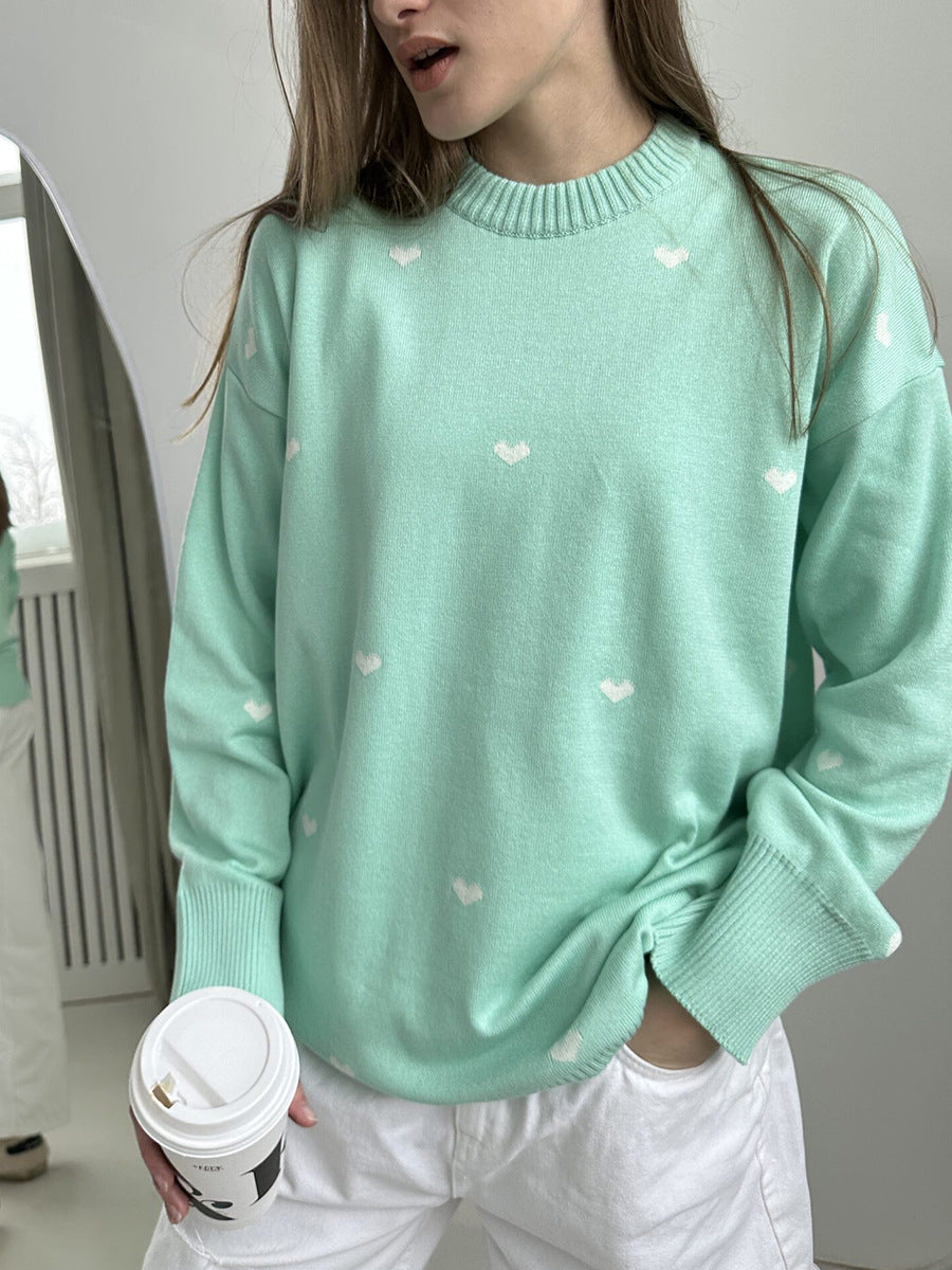 Heart printing sweater 2024 autumn and winter commute leisure round neck knitted pullover sweater women