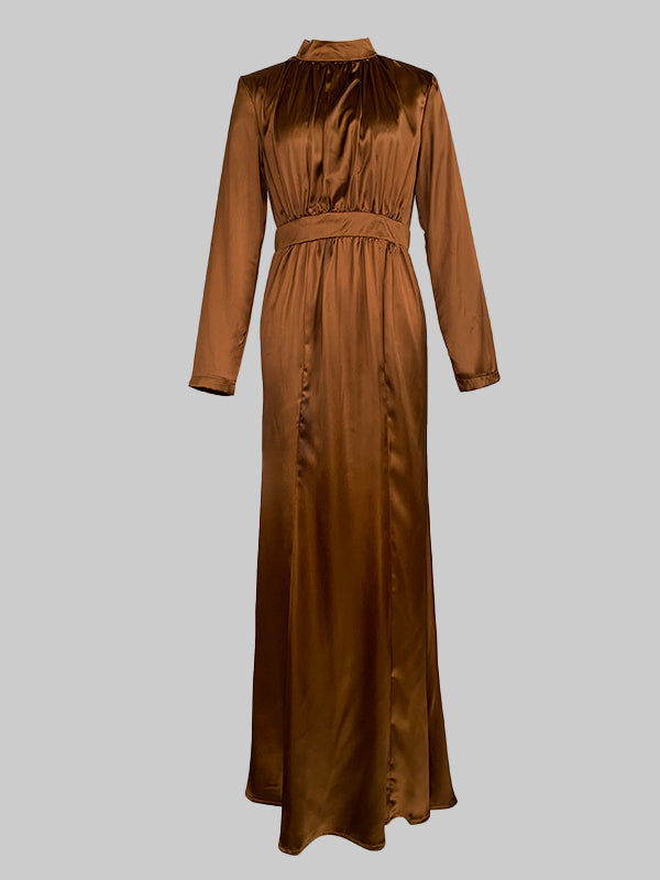 Long Sleeves Loose Pleated Shiny Solid Color Split-Joint Tied Waist High Neck Evening Dresses Maxi Dresses