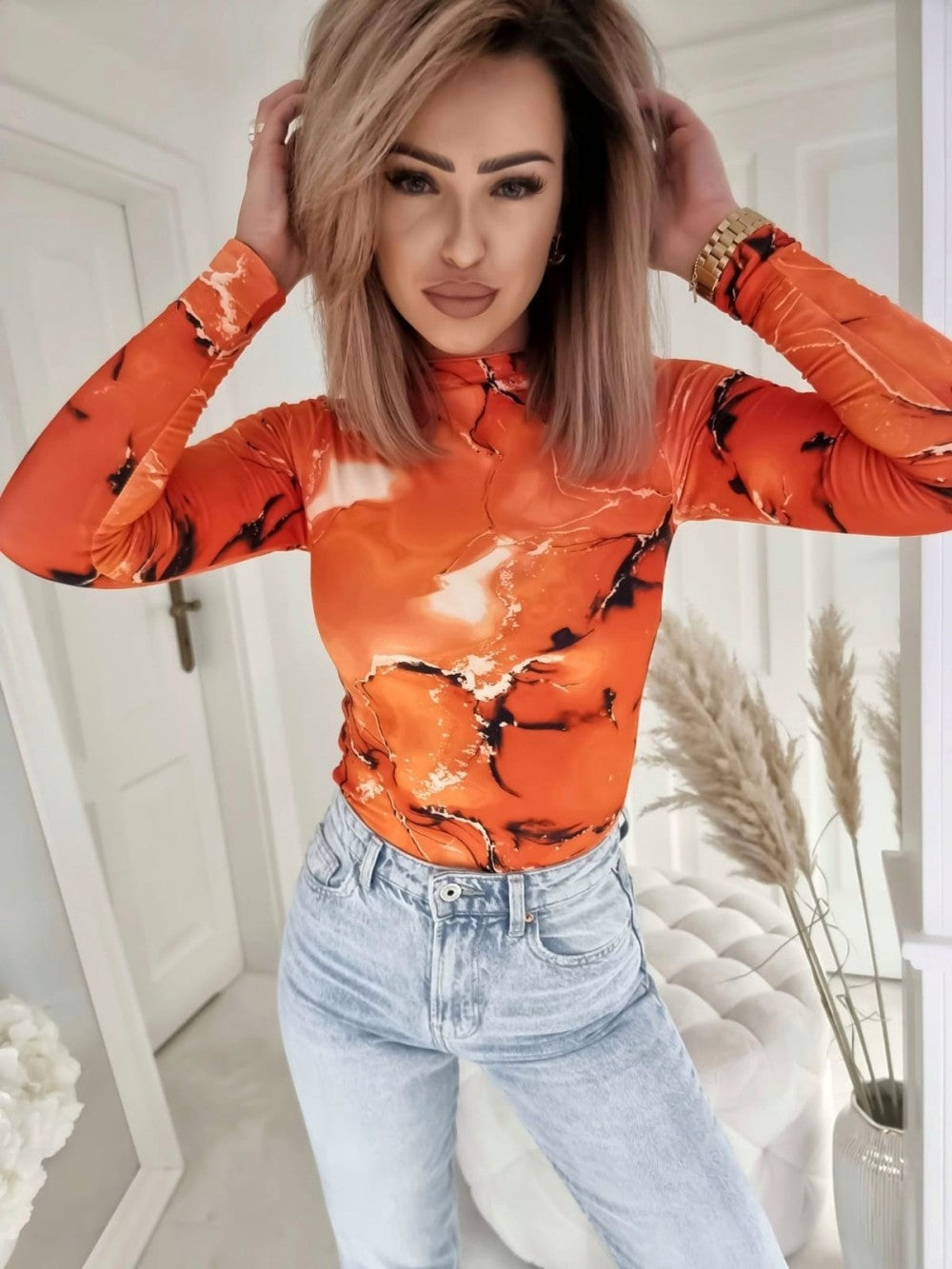 Spring and summer long sleeves sexy jumpsuit women's vintage printed tie-dye top