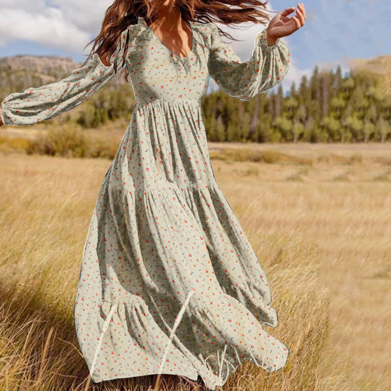 Bohemia Printed Long Sleeve V-Neck Maxi Dress