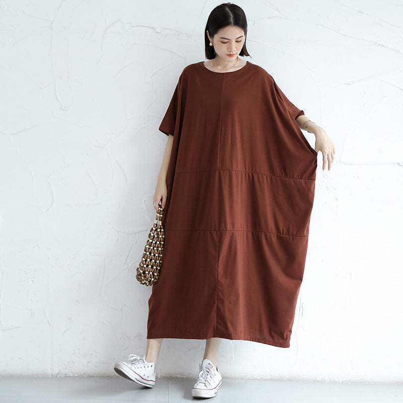 Loose Solid Round Neck Bat Sleeve Maxi Dress With Pocket