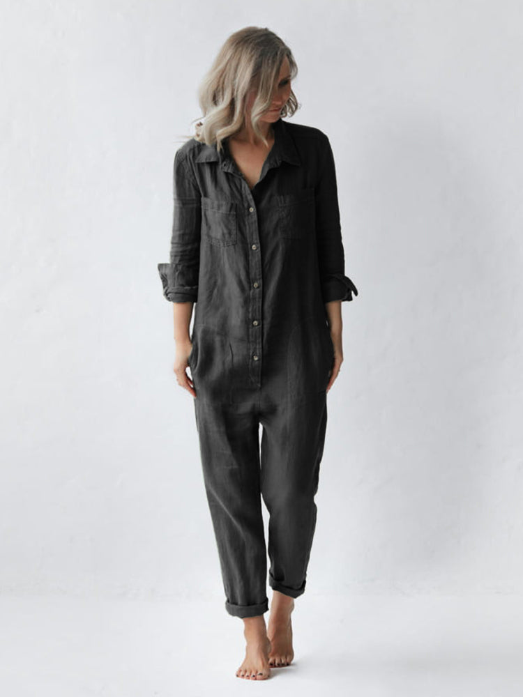 Button Up Casual Linen Jumpsuit