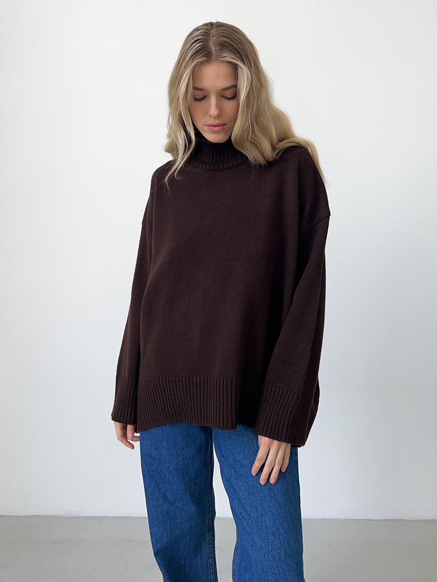 Autumn and Winter solid color simple loose high collar solid color knitted sweater for women